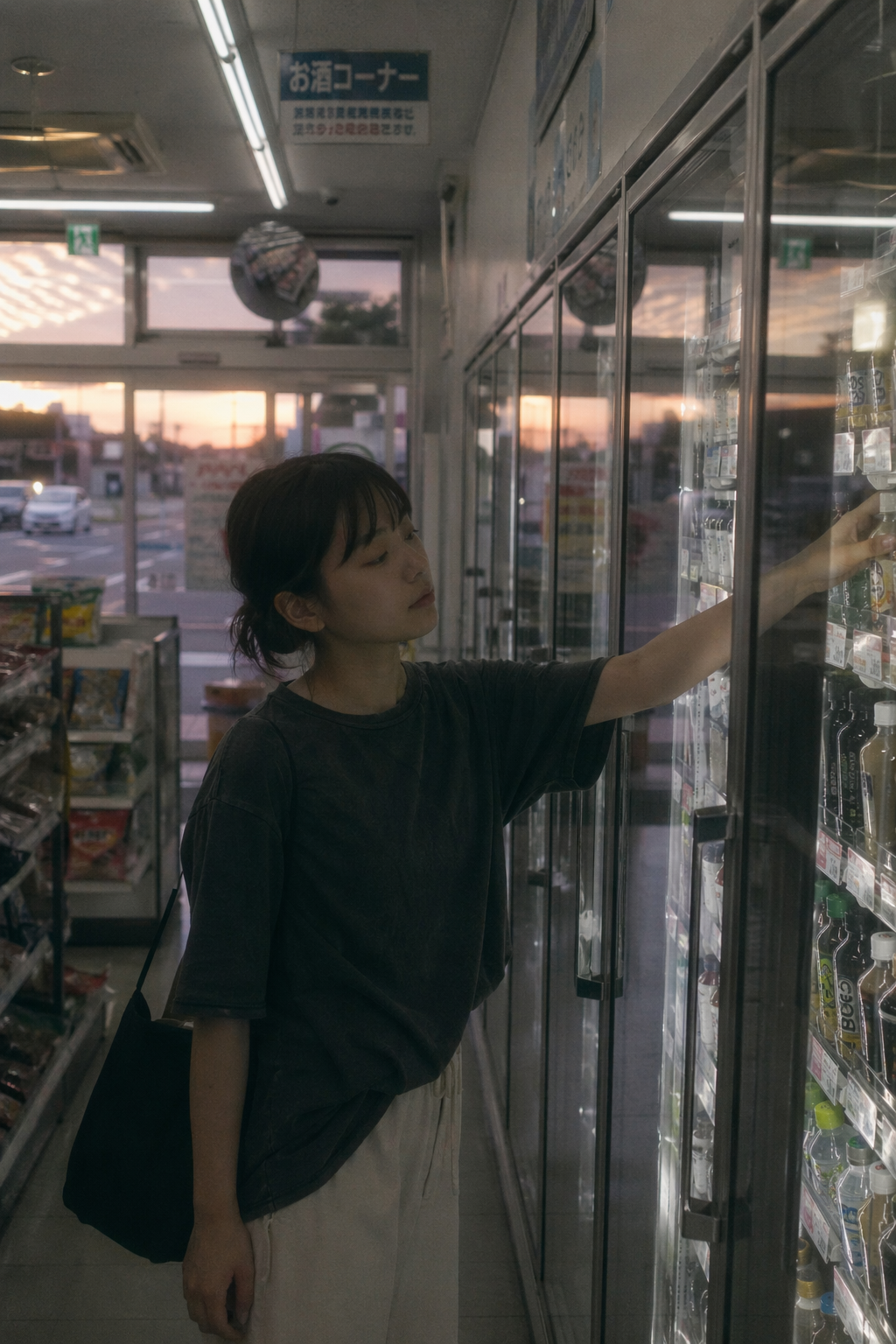 飲み物を選ぶ人物を日本のネガフィルム風に写すプロンプト