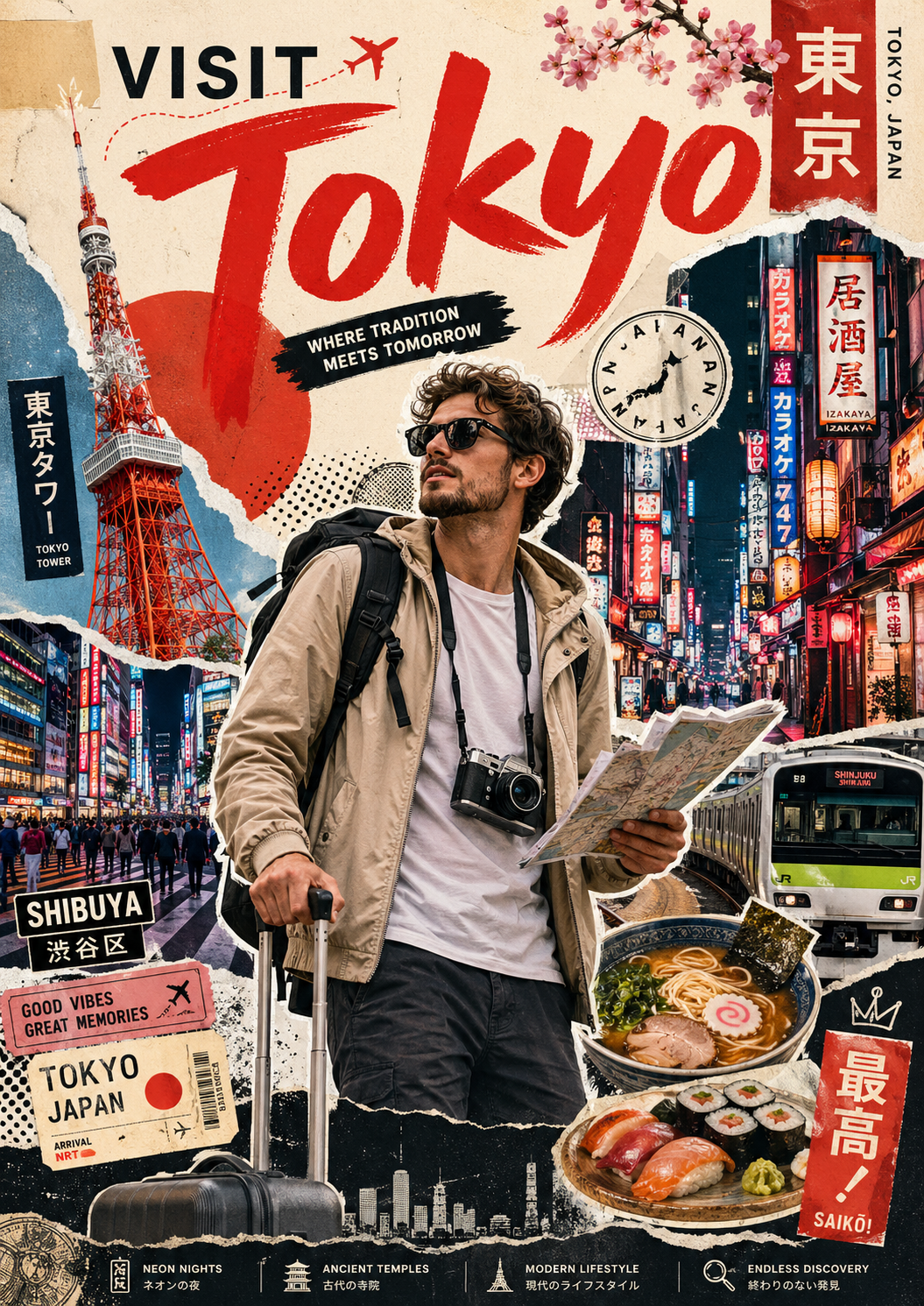 国名を指定して作る、おしゃれな旅行者とコラージュ風トラベルポスター