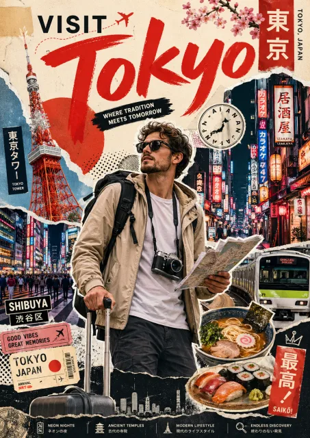 国名を指定して作る、おしゃれな旅行者とコラージュ風トラベルポスター