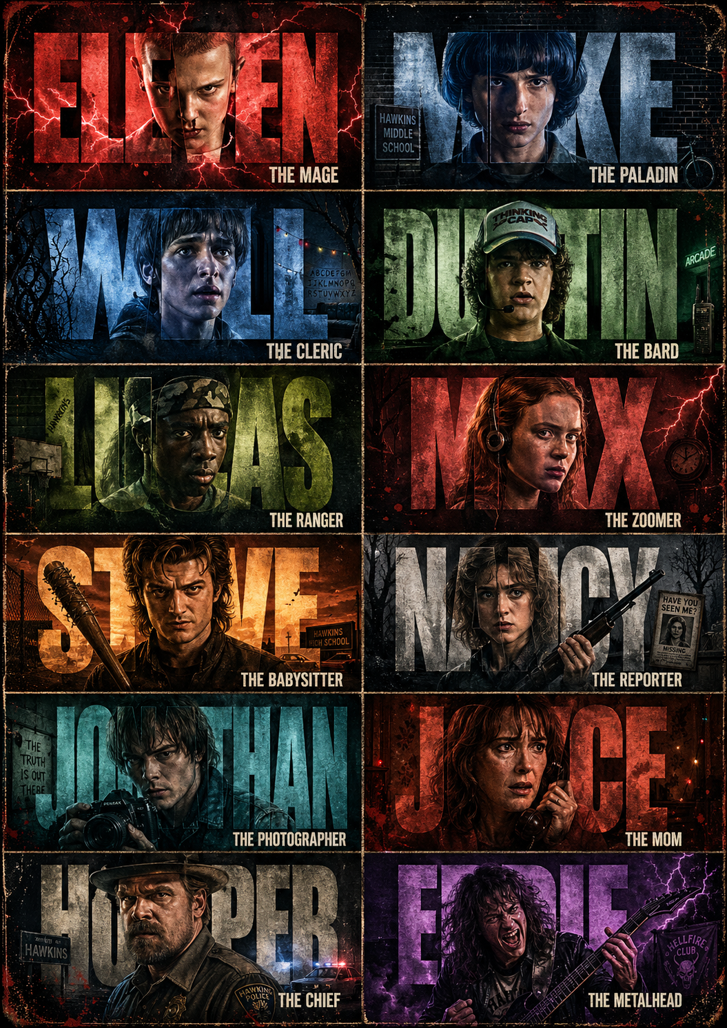 Stranger Things主要キャラクター12人を並べるUrban Grunge風グラフィックポスター
