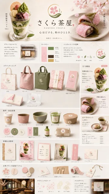 用于一张图生成餐饮品牌整体设计提案板的图像生成提示词