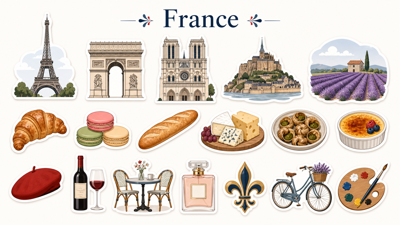 Minimal sticker set generation prompt capturing the charms of a favorite country or region