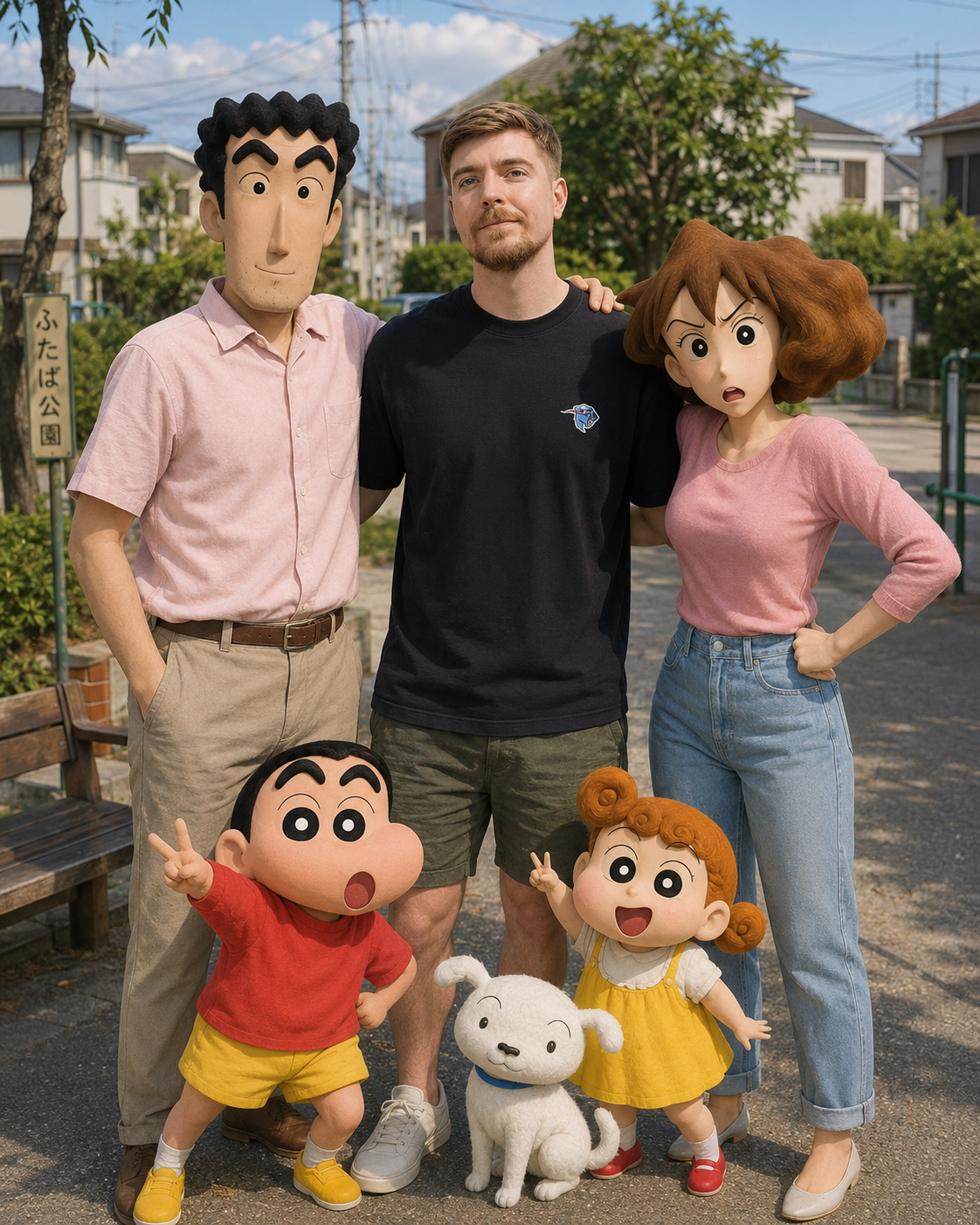 クレヨンしんちゃん一家と現実世界で集合写真を撮る画像生成プロンプト
