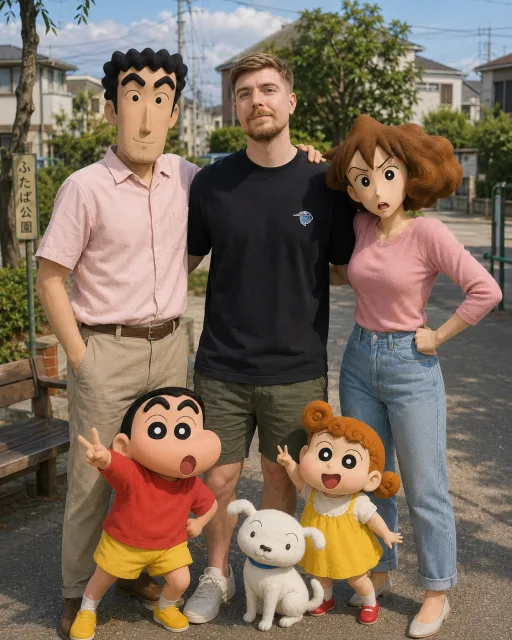 クレヨンしんちゃん一家と現実世界で集合写真を撮る画像生成プロンプト
