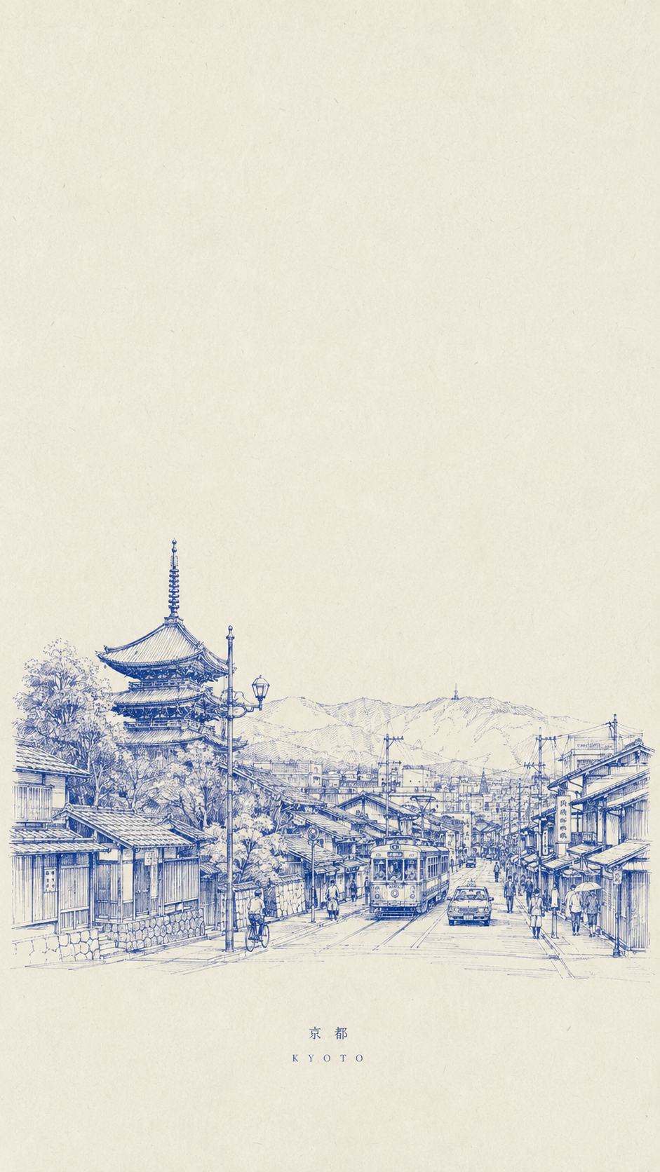 深い青の線で描く都市建築ポスター