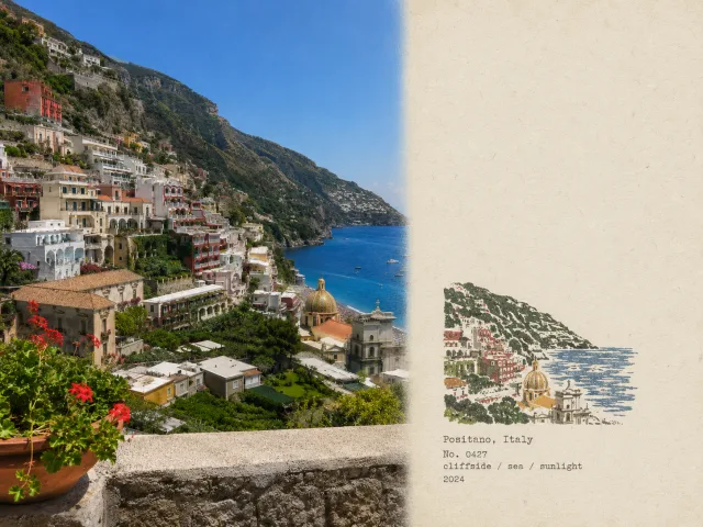 旅行写真を多色の橡皮章フィールドノートにするプロンプト
