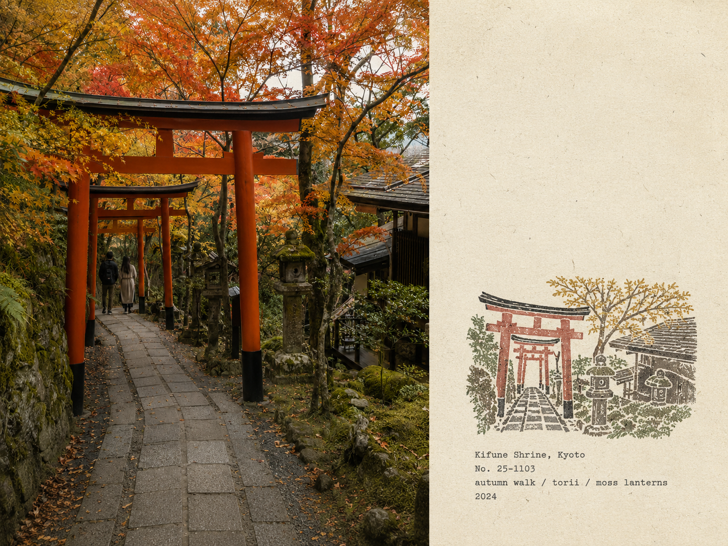 旅行写真を多色の橡皮章フィールドノートにするプロンプト