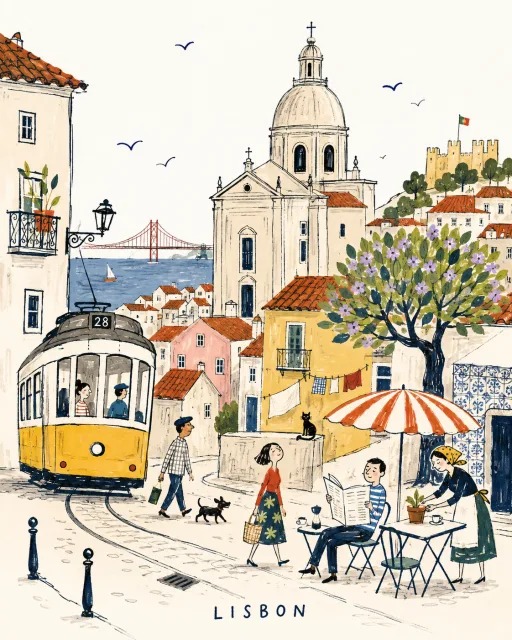 1950〜60年代風の街の旅行絵本イラスト