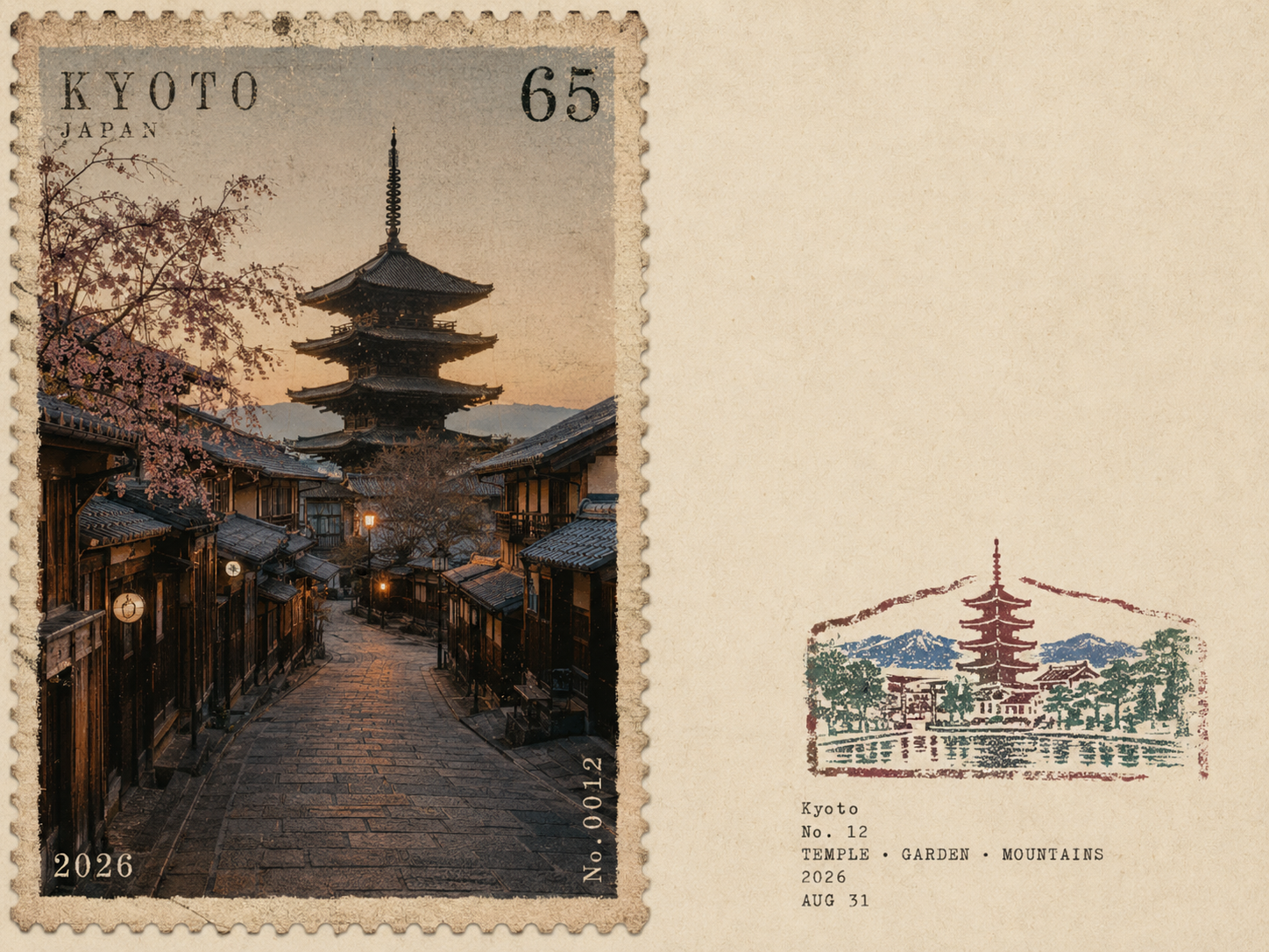 旅行先をヴィンテージ写真切手とゴム印で描く旅ノートポスター生成プロンプト