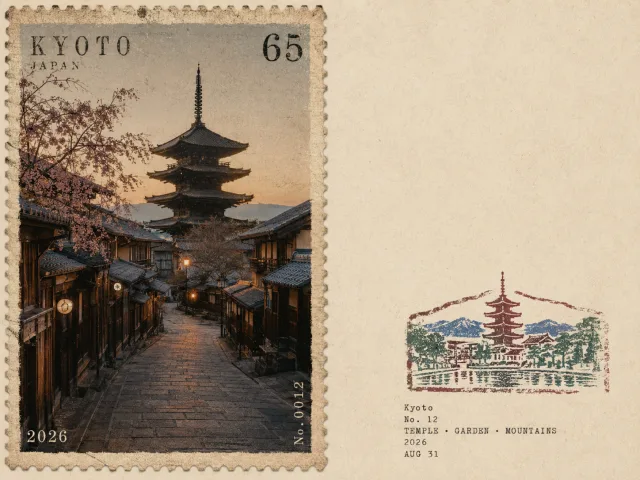 旅行先をヴィンテージ写真切手とゴム印で描く旅ノートポスター生成プロンプト