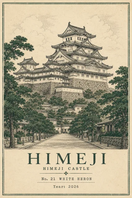 世界の名建築をミッドセンチュリー風旅行ポスターにする画像生成プロンプト