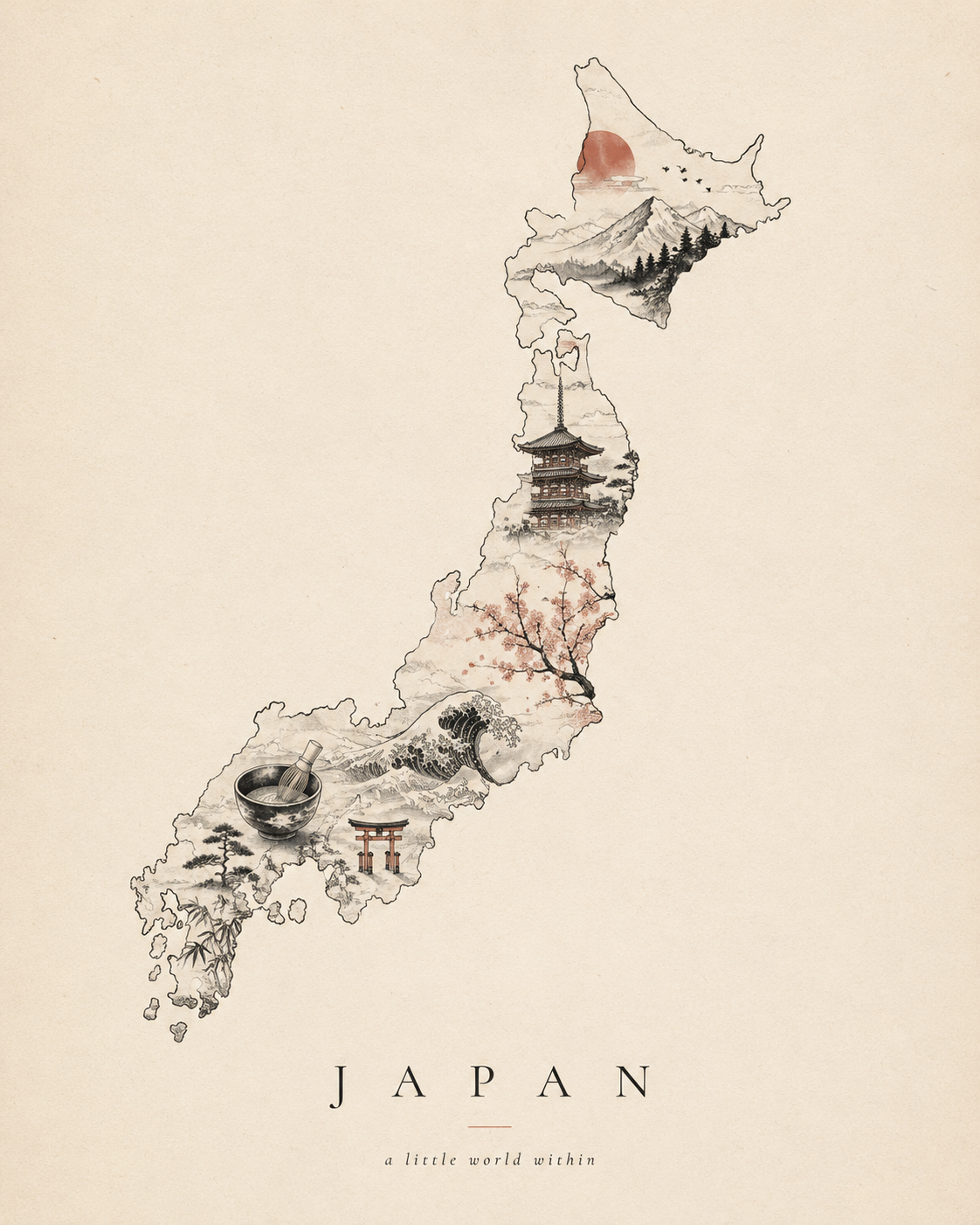 国の輪郭に名所を詰め込むミニチュア旅行ポスター生成プロンプト