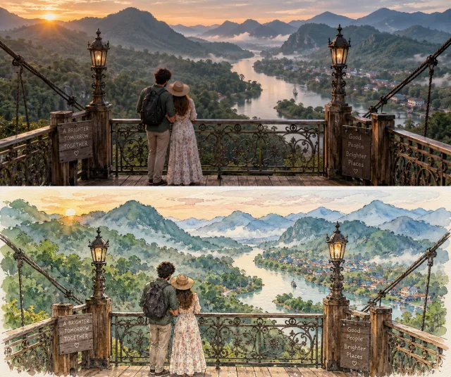 旅行写真と水彩画を上下に並べるカップル旅ポスター生成プロンプト