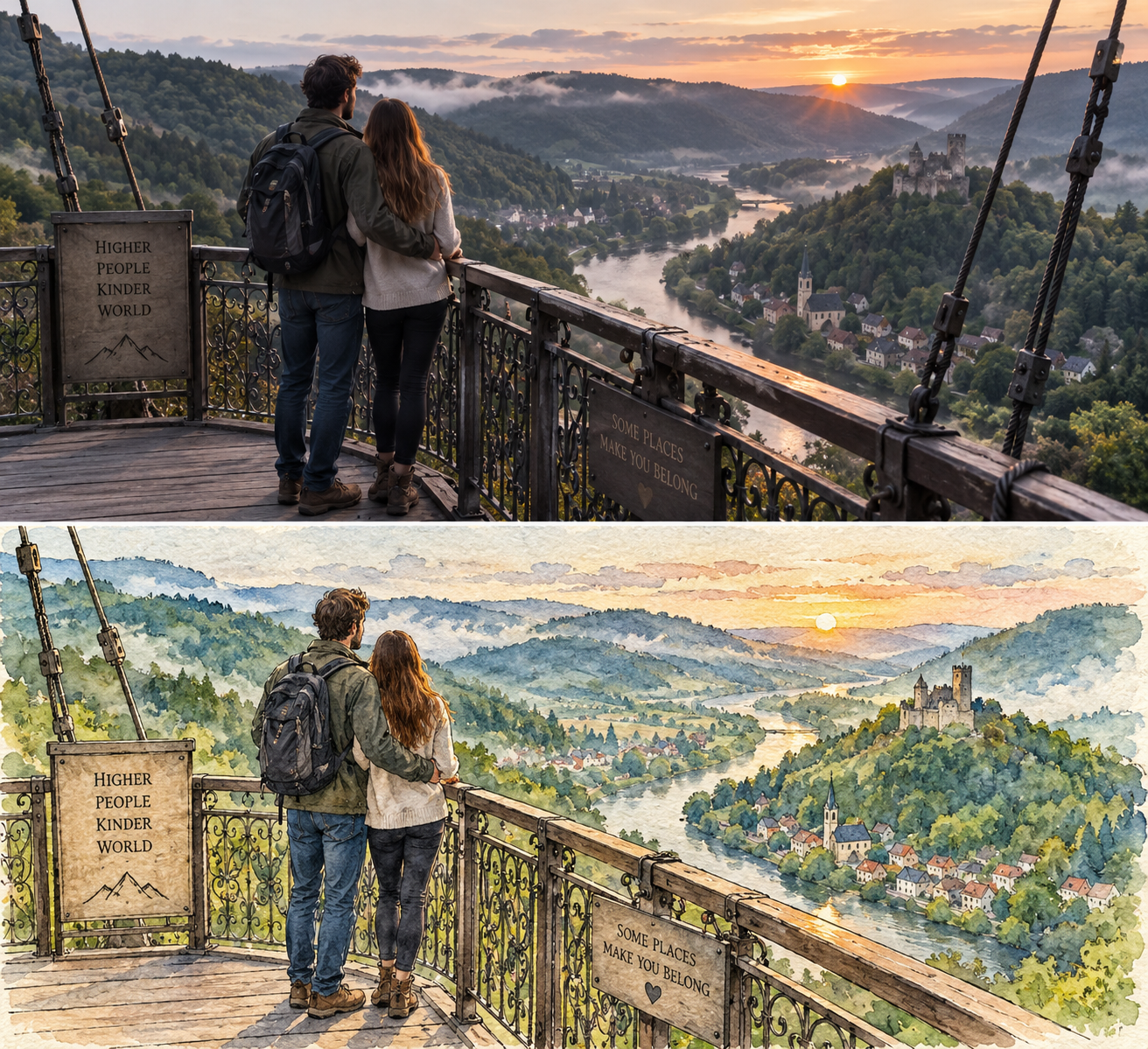 旅行写真と水彩画を上下に並べるカップル旅ポスター生成プロンプト