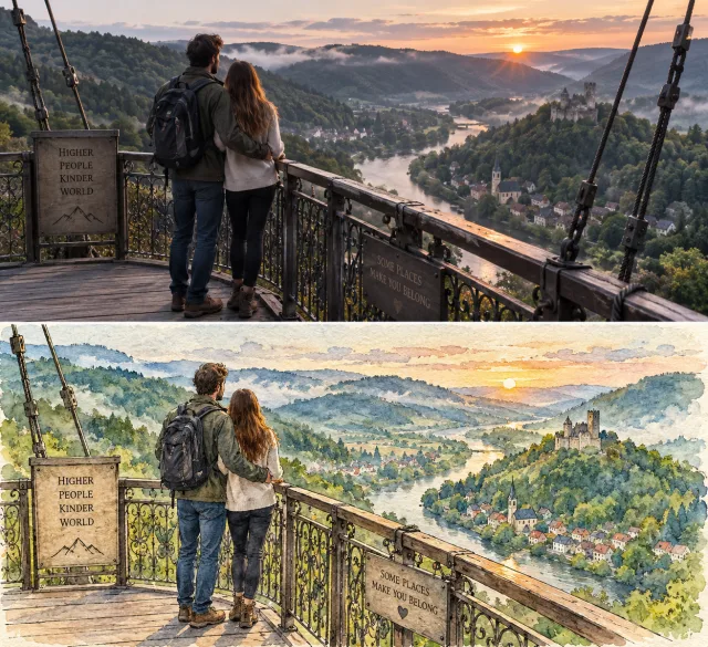 旅行写真と水彩画を上下に並べるカップル旅ポスター生成プロンプト
