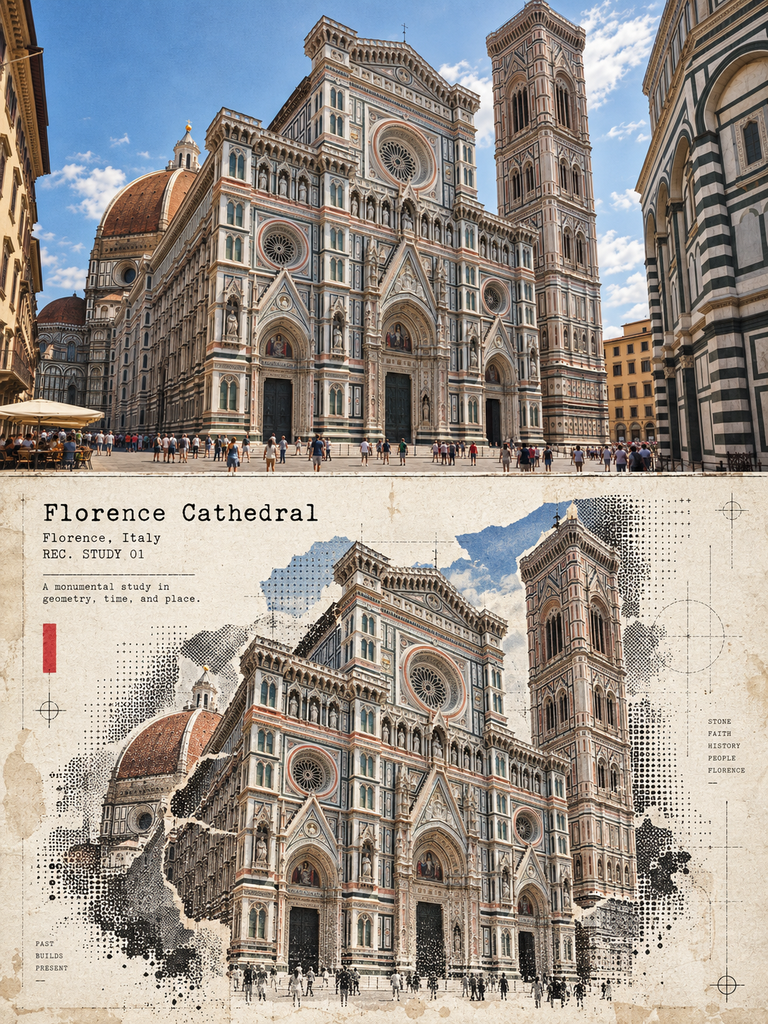 建築写真をハーフトーン×ASCIIコラージュポスターに変換するプロンプト