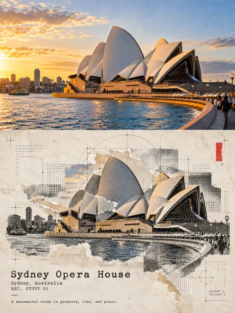 建築写真をハーフトーン×ASCIIコラージュポスターに変換するプロンプト