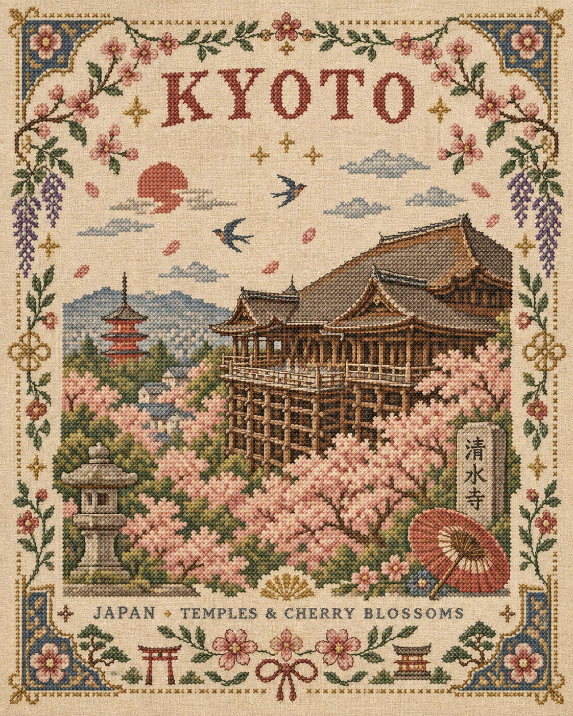 都市や名建築をヴィンテージ刺繍クロスステッチ作品にするプロンプト