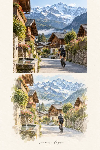 旅行写真を実写×繊細な水彩画の編集ポスターにするプロンプト
