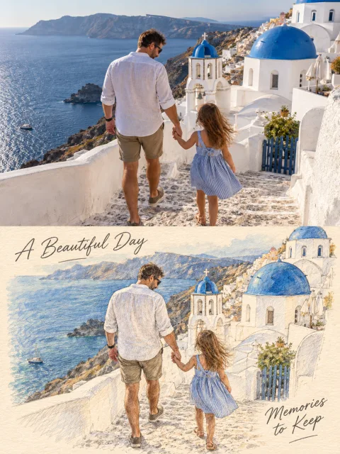 旅行写真を色鉛筆と水彩の50/50ポスターに変換するプロンプト