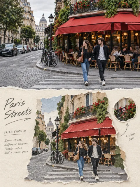 旅行街路写真を実写×手ちぎり紙アートの編集ポスターに変換するプロンプト