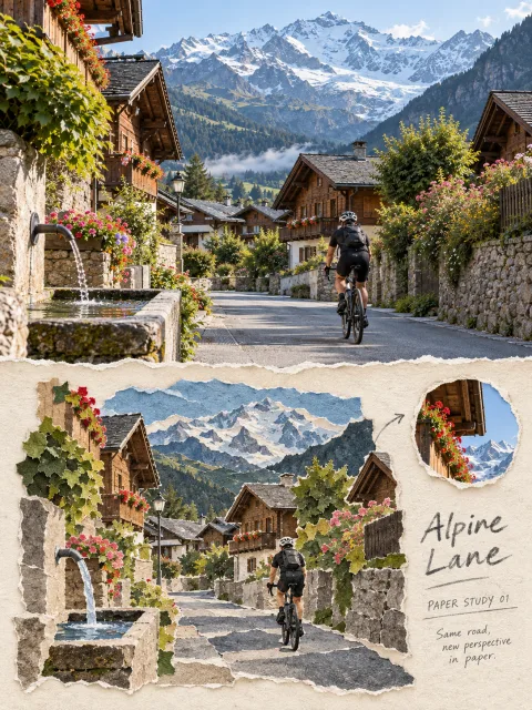 旅行街路写真を実写×手ちぎり紙アートの編集ポスターに変換するプロンプト