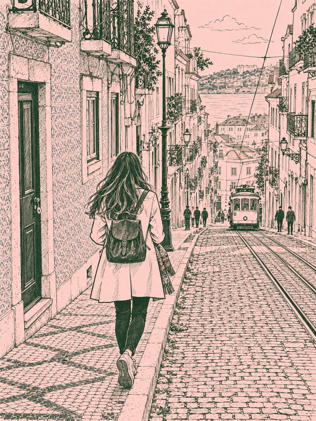 写真を深緑の線画×パステルピンクの手描きイラストに変換するプロンプト