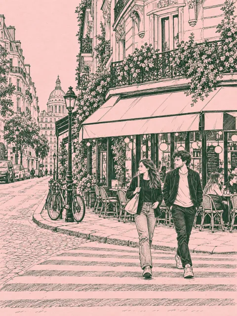 写真を深緑の線画×パステルピンクの手描きイラストに変換するプロンプト