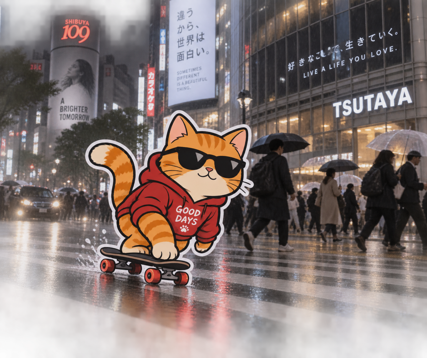 実写風景に2Dステッカーキャラクターを融合する画像生成プロンプト