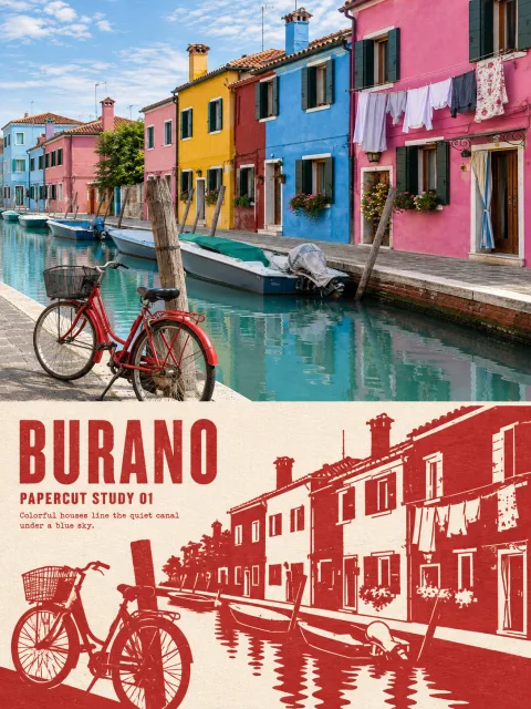 旅行写真を朱色の名所剪紙と上下対比で見せるポスター生成プロンプト