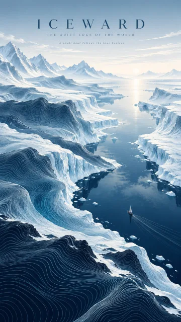 等高線のような流れる線で自然の風景を描くポスター生成プロンプト
