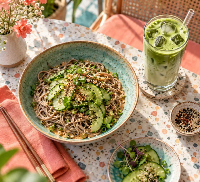 料理と飲み物をおしゃれなカフェの俯瞰写真にするプロンプト