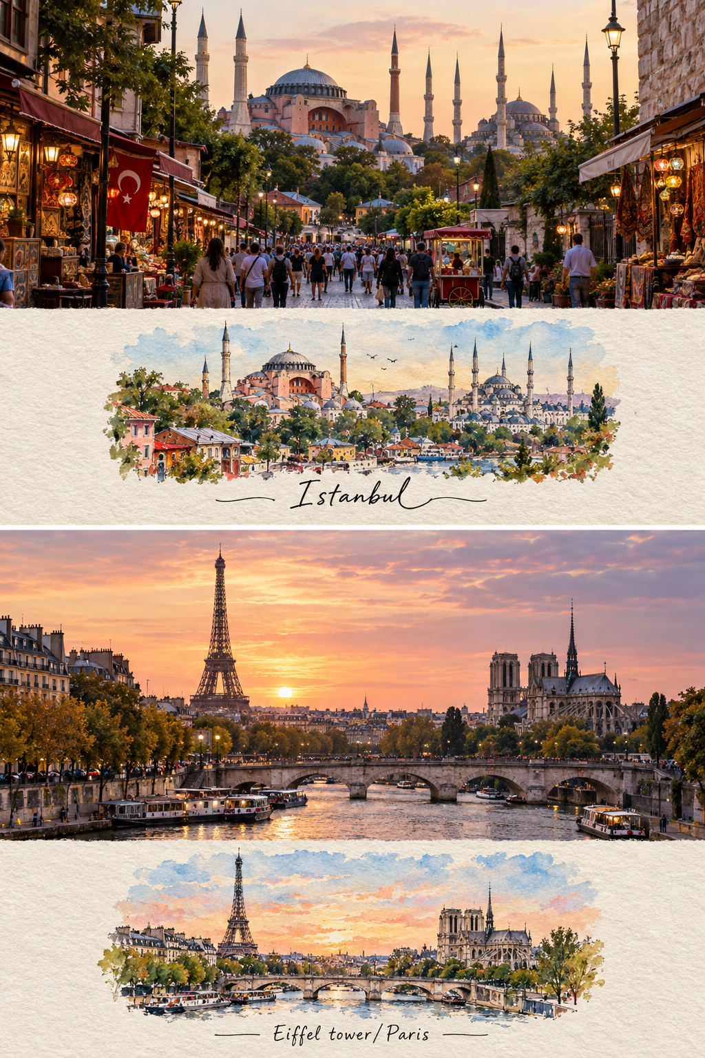 Travel poster generation prompt depicting Istanbul and Paris in photographs and watercolors