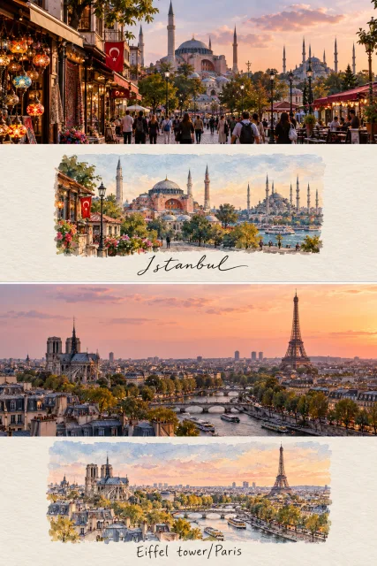 Travel poster generation prompt depicting Istanbul and Paris in photographs and watercolors