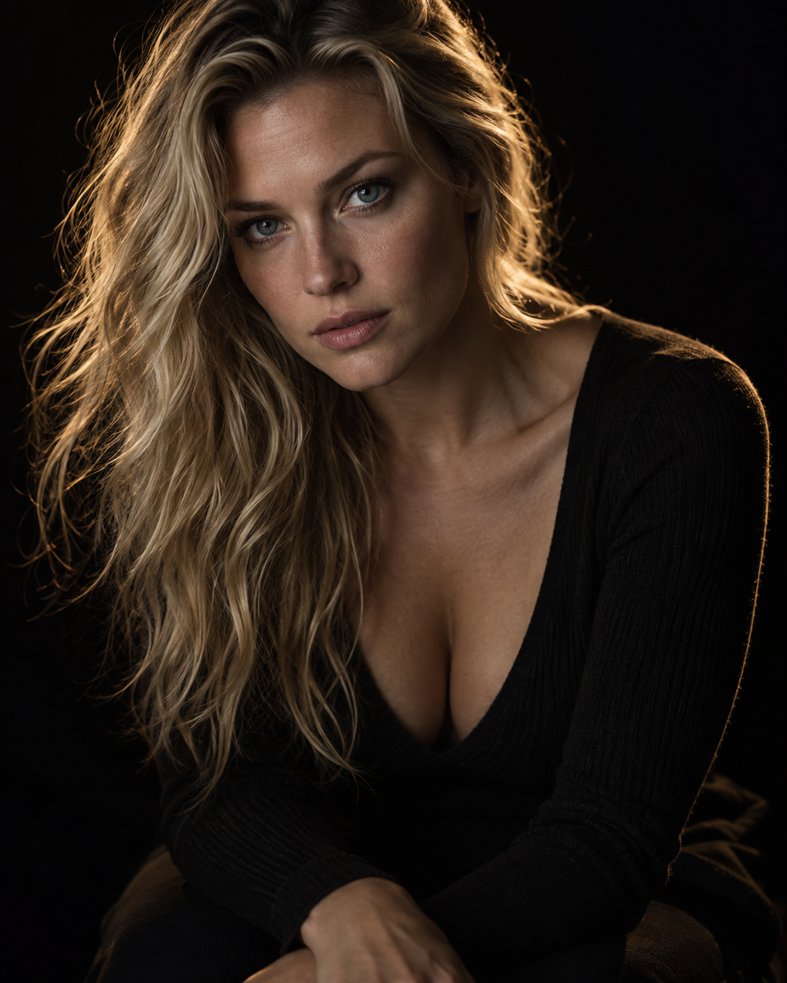 Prompt for a cinematic portrait of a woman with a black background and strong shadows